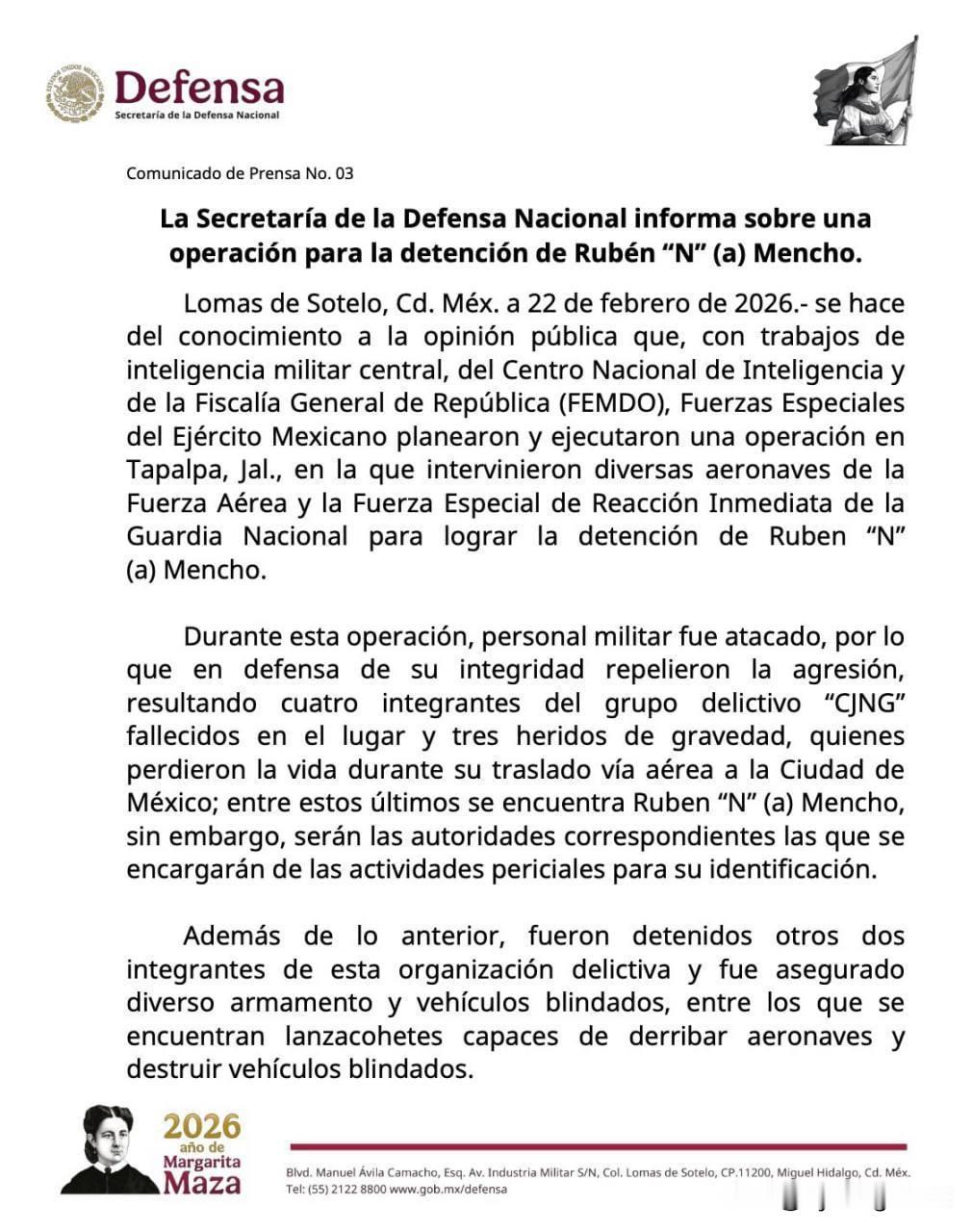 🇲🇽墨西哥国防部宣布，在抓捕“埃尔·门乔”的行动中，四名武装分子被击毙；另有