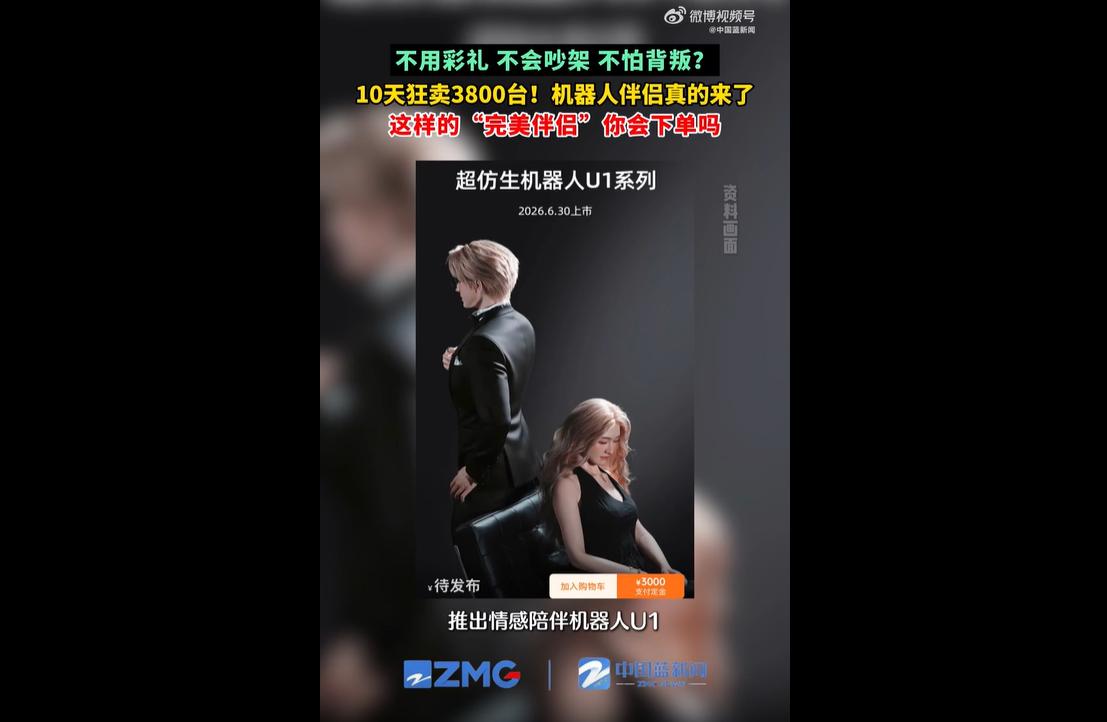 6月初，某品牌推出成人专属仿生情感机器人U1，开启预售仅10天，预订量就突破38
