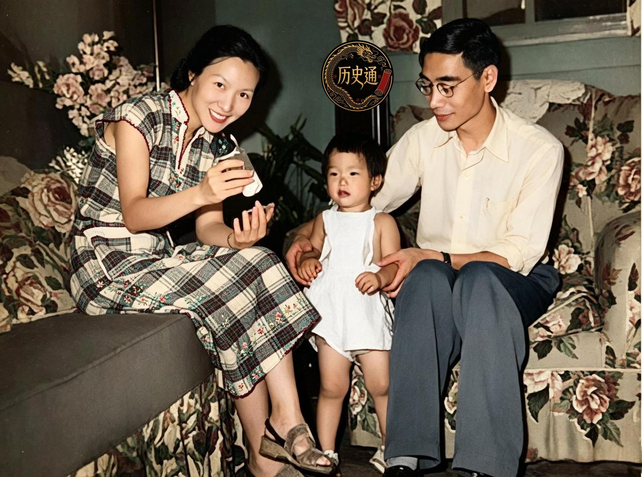 这是一家三口最柔软的时光。格纹连衣裙的妻子笑着侧坐沙发，身旁刚刚学着走路的小女儿