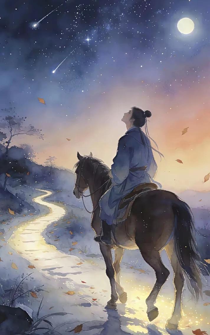 星垂旷野月如钩，
一骑西风古道游。
落叶纷飞随马影，
前边驿站会老友。
