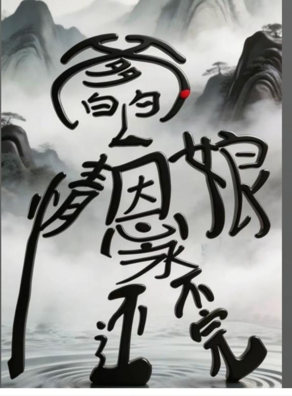 图中画面是用汉字组成的一个老人，拄着拐杖。艰难的行走。岁月是把杀猪刀啊，不负老不