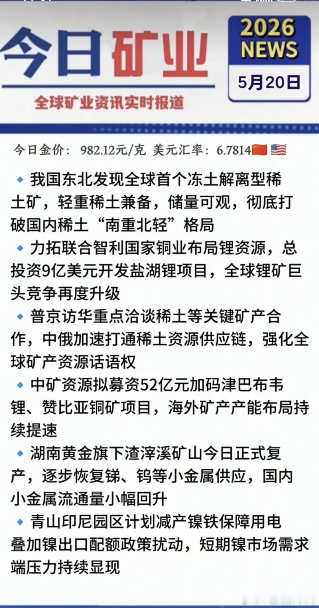 5.20周三  最新：有色金属+矿业新闻！1.稀土矿2.新建 盐湖提锂项目3.中