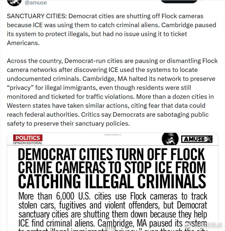 庇护城市：民左党城市因为ICE利用Flock摄像头抓捕犯罪非法移民，而关闭这些摄
