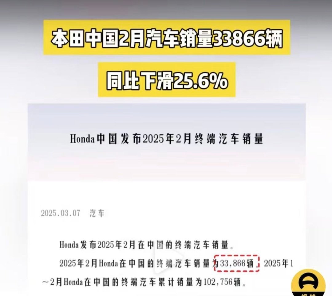 2月本田在中国的销量为33866辆，同比下滑-25.6%！1-2月累计销量102