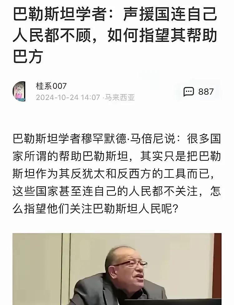 巴勒斯坦学者这是在说谁？首先可以排除美国和以色列。不过他一张嘴，是彻底把帮助过他