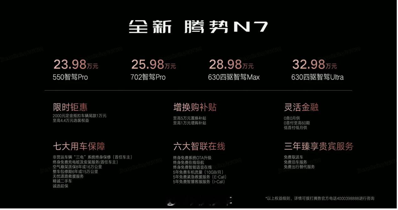 全新腾势 N723.98万-32.98万元限时还有一些购车福利算下来最后23.1