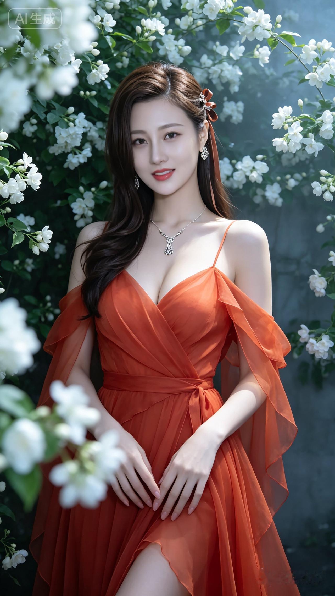 优雅红裙，花海中的仙子