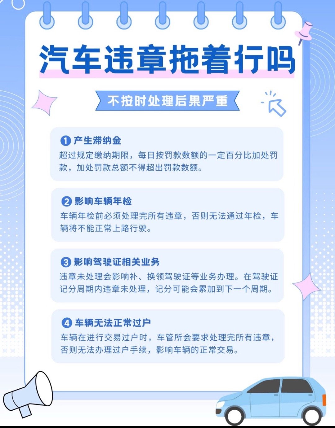 宝子们注意啦！交通违章拖着不处理，麻烦可大了👇⚠️每天要按一定比例加罚滞纳金。