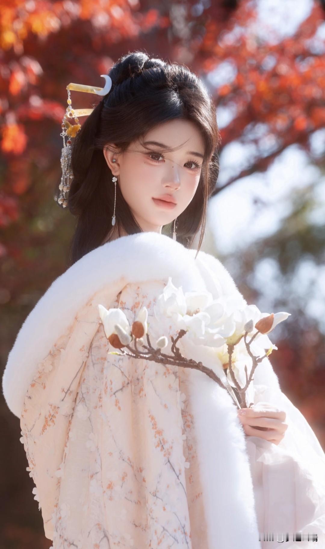秋日仙子，红叶间轻舞，白衣飘飘，花枝相伴。