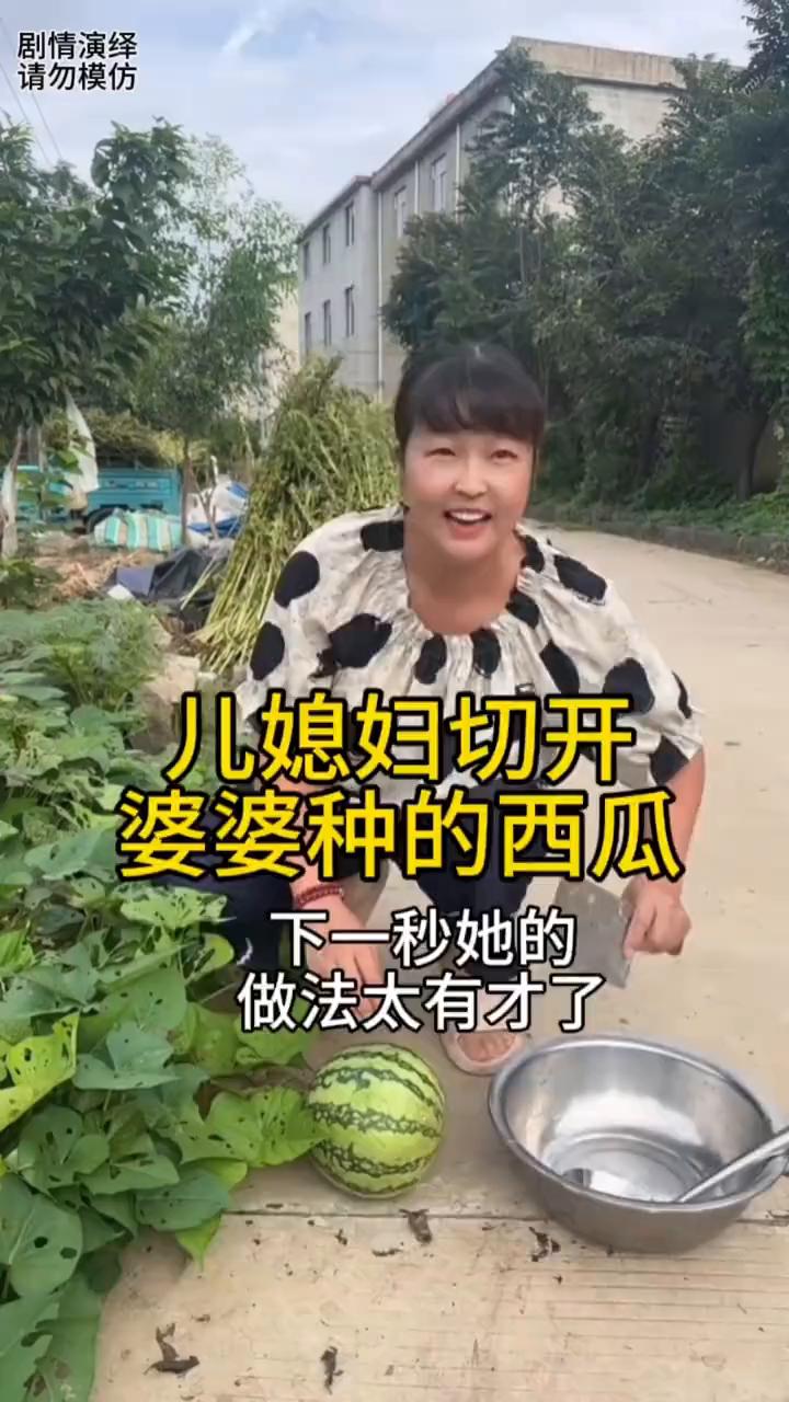 儿媳妇切开婆婆种的西瓜，下一秒她的做法太有才了。
儿媳妇来到婆婆的菜园里，她看到