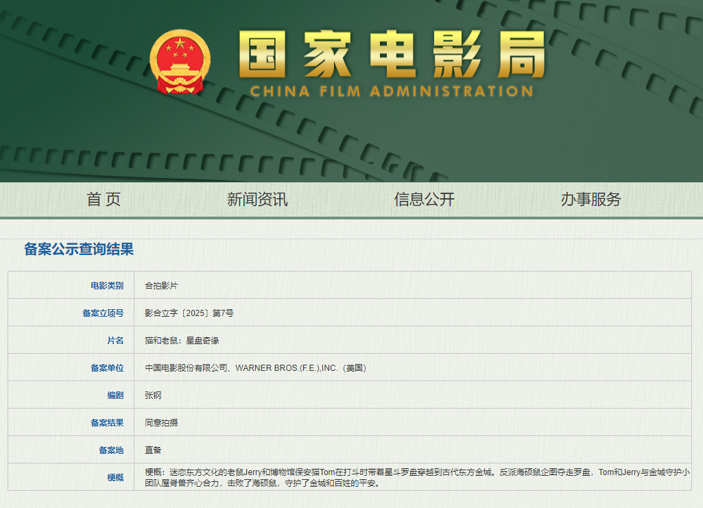 【中美合拍猫和老鼠电影】中美合拍猫和老鼠立项 7日，国家电影局发布2025年2月