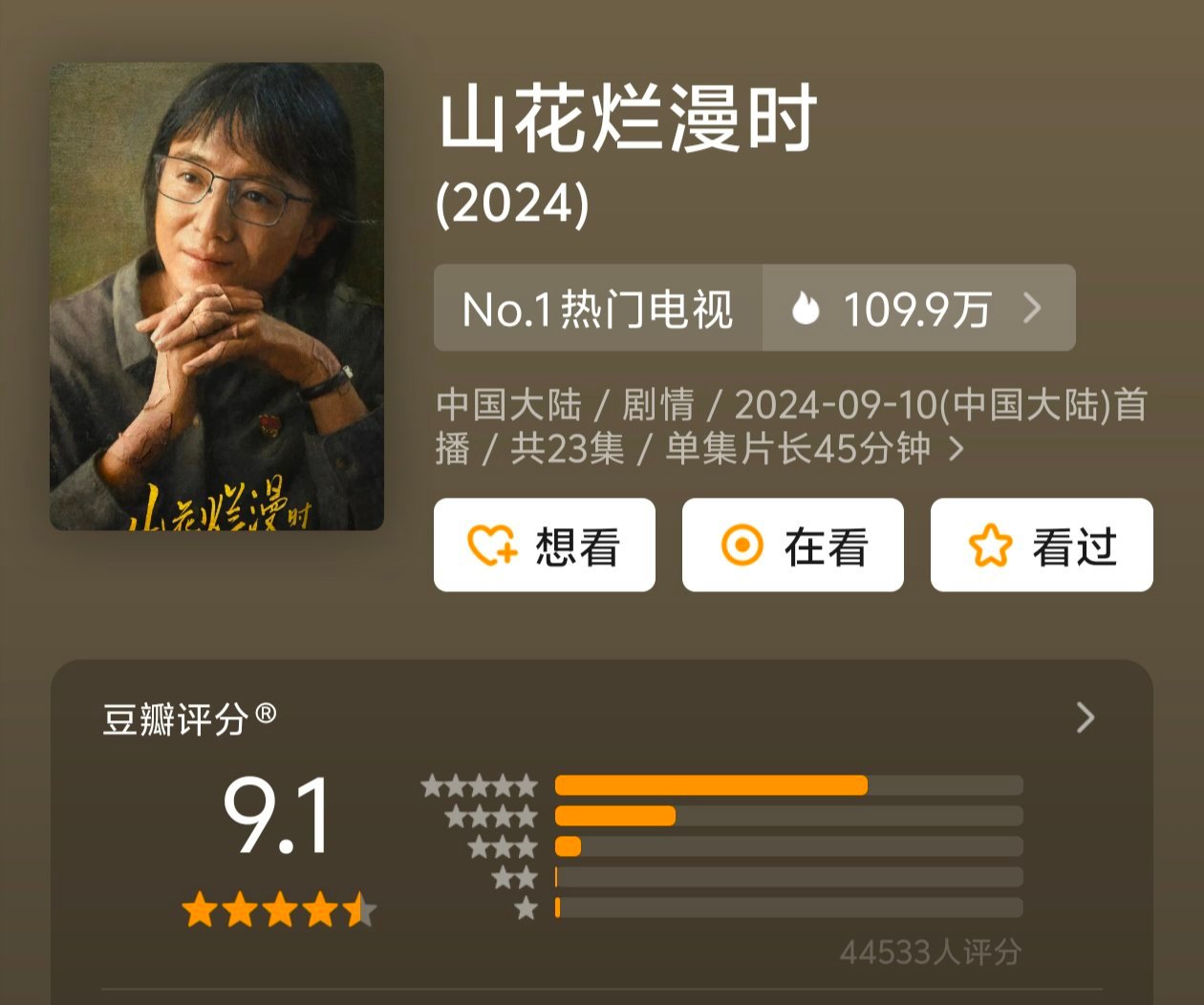 山花烂漫时分又涨了，不出意外就是今年国产剧最高分了鹅连续两年都输出了9分高分精品