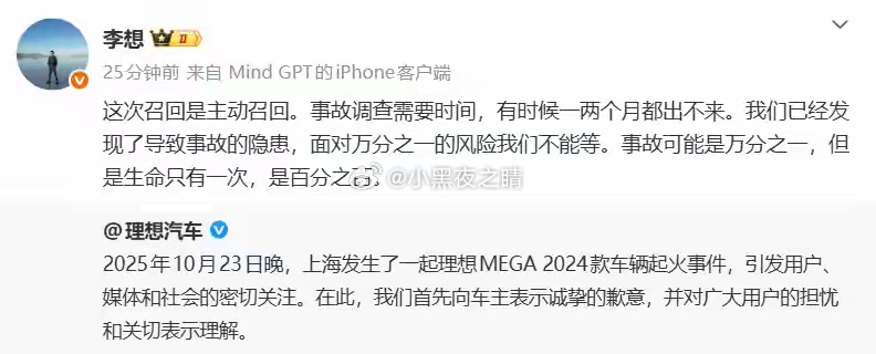 理想这次召回一万多辆  换电池损失十个亿因此理想已主动向国家市场监督管理总局备案