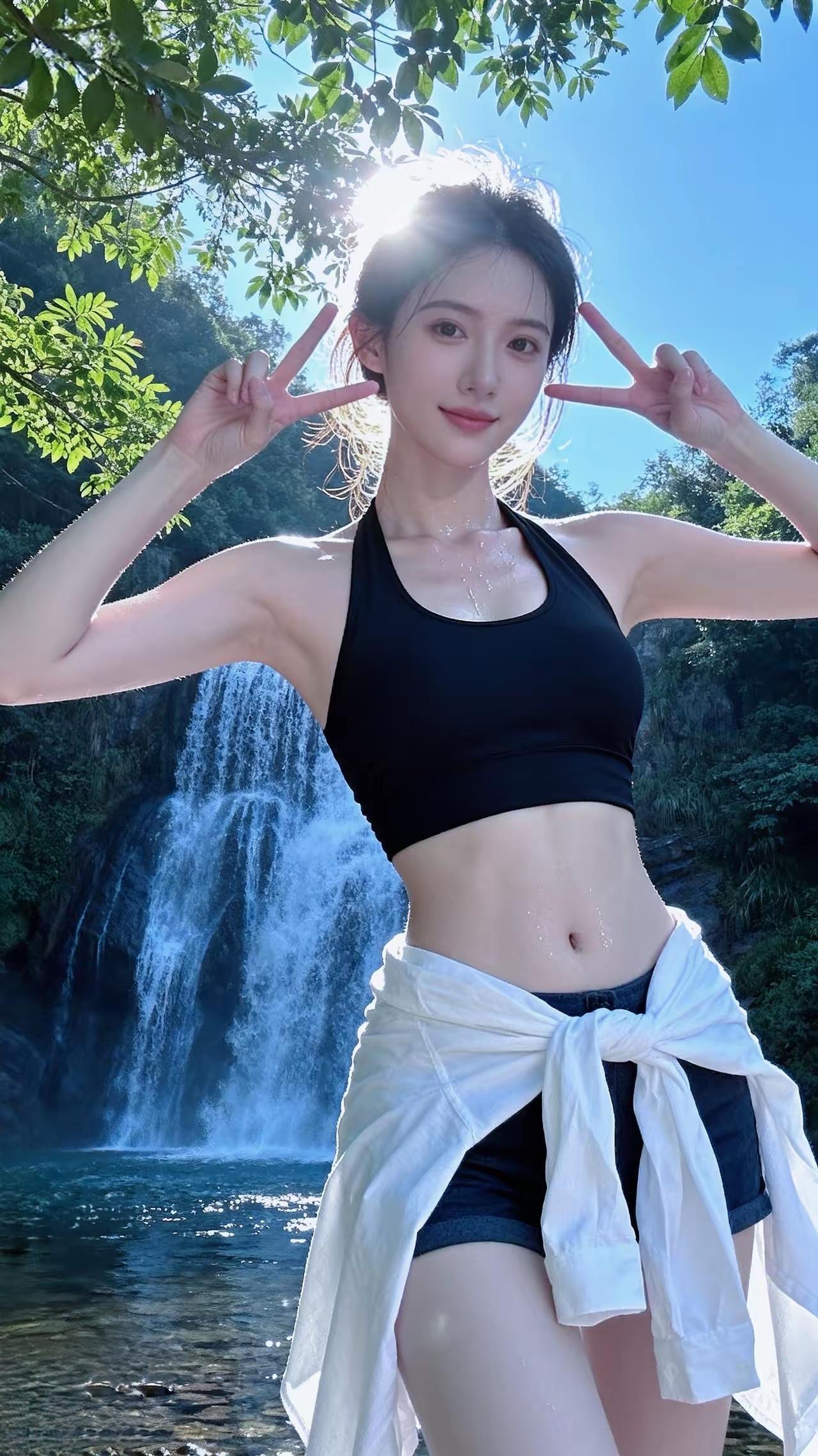 夏日清凉瀑布前，比心自拍，享受自然之美！🌞💦👯‍♀️