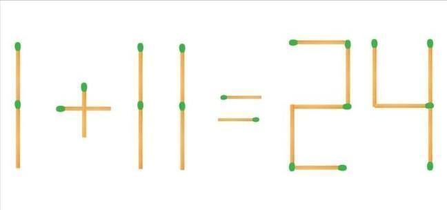图中用火柴棍精心摆成的等式 “1 + 11 = 24”，显然不符合数学逻辑，现在
