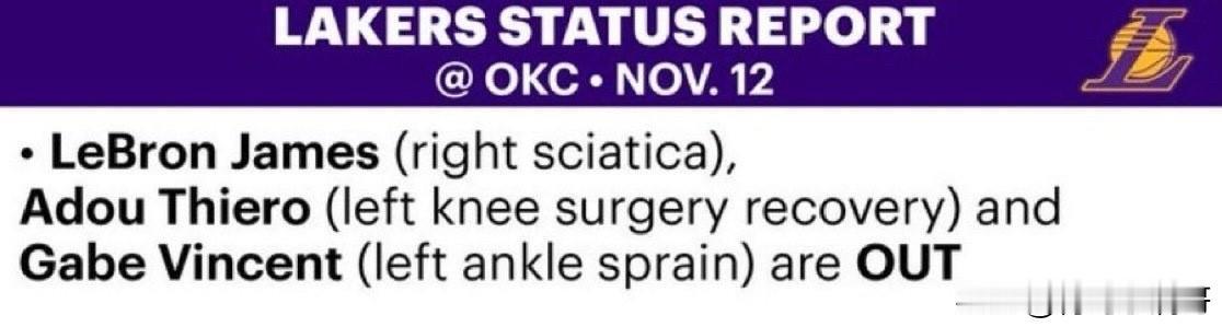 就剩你们三个了！！！湖人对阵雷霆比赛的伤病报告公布！

北京时间周四（11月13