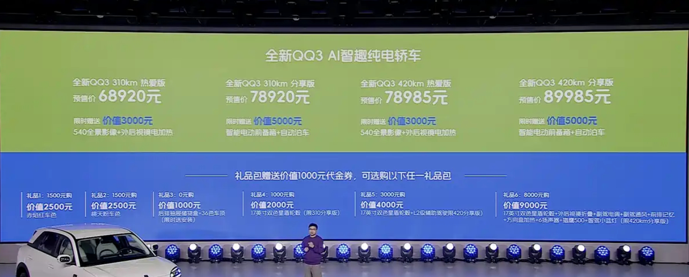 奇瑞QQ3 EV开启预售...1：4个配置，6.892万—8.9985万元2：新