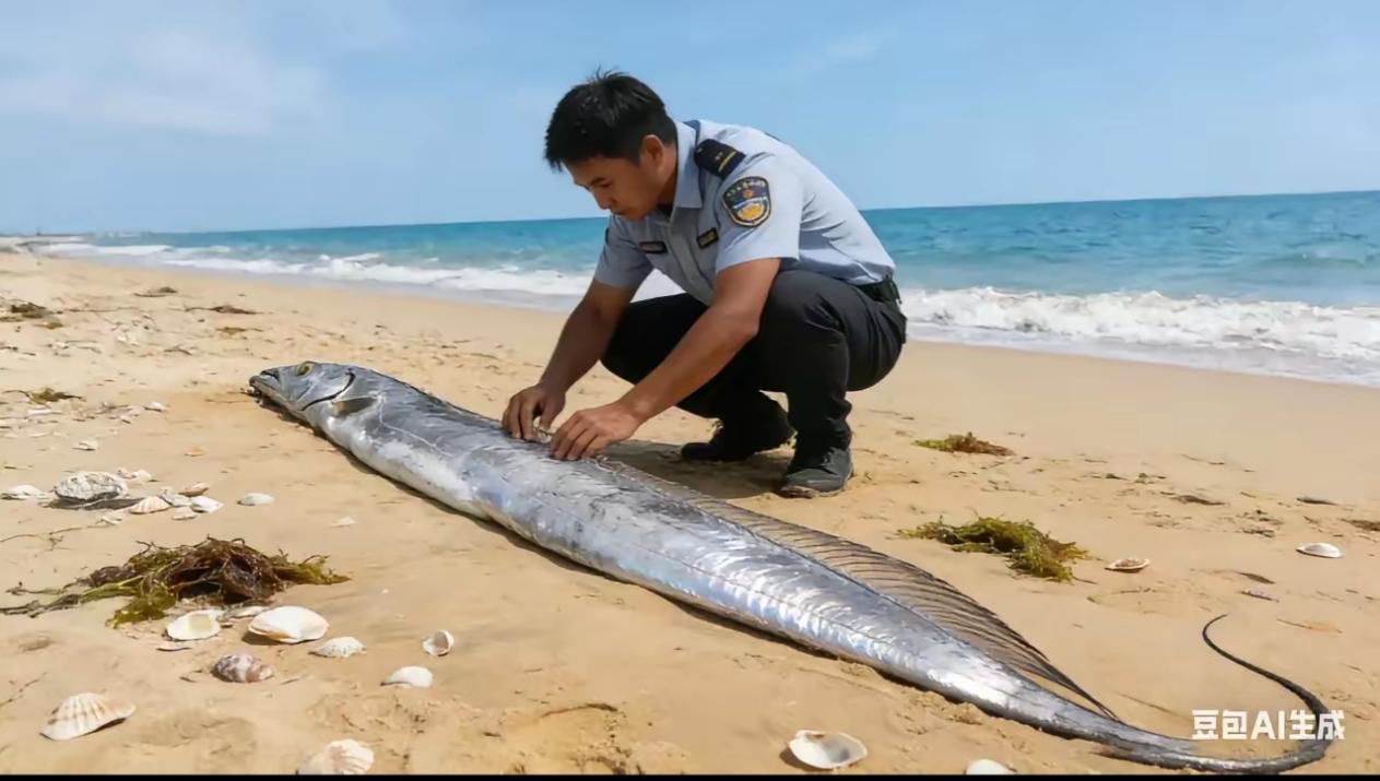 近日，搁浅在海南一处沙滩的这条带鱼实在太大了！有3米多长。
       ​这种