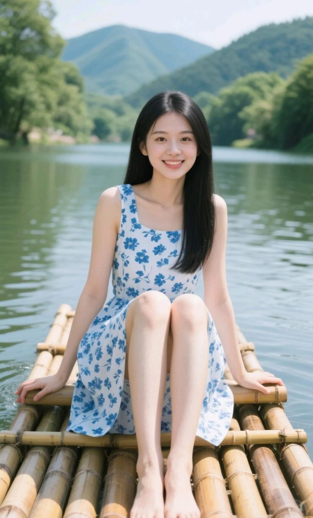 夏日竹筏上，少女与自然亲密接触，笑靥如花。