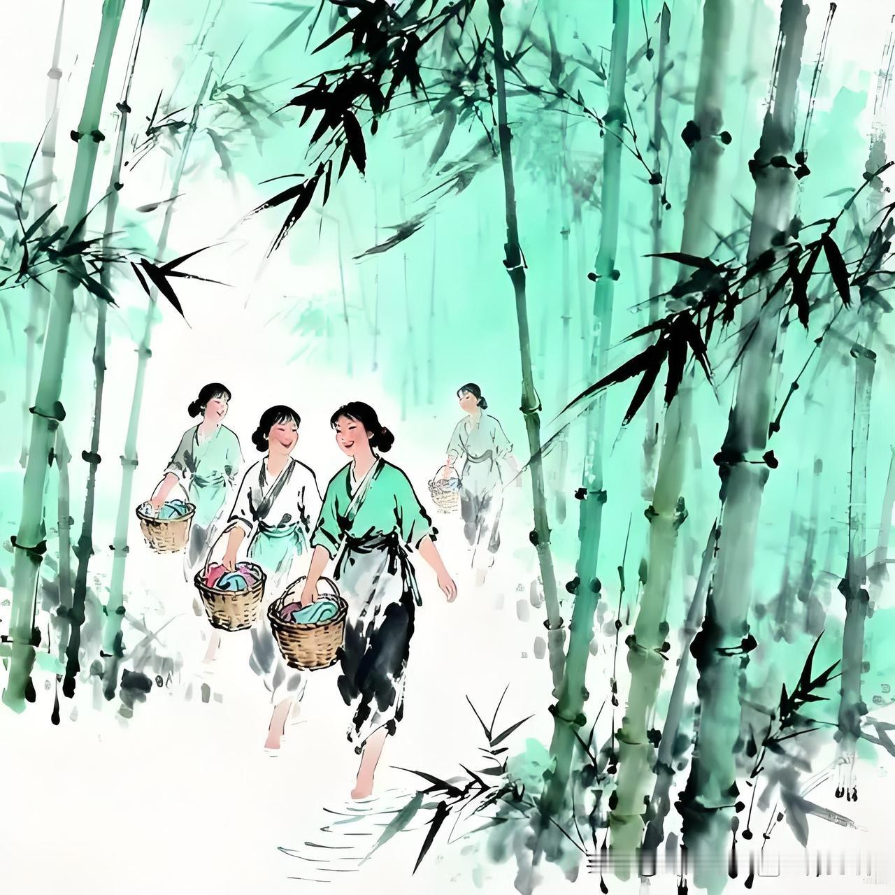 《竹林》
——宋·林逋
寺篱斜夹千梢翠，
山径深穿万箨乾。
却忆贵家厅馆里，
粉