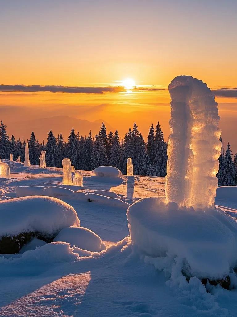 夕阳照雪冷且暖，冰雪王国藏坚韧，余晖中满是对未来的笃定与期盼。把晚霞化冰冻 晒出