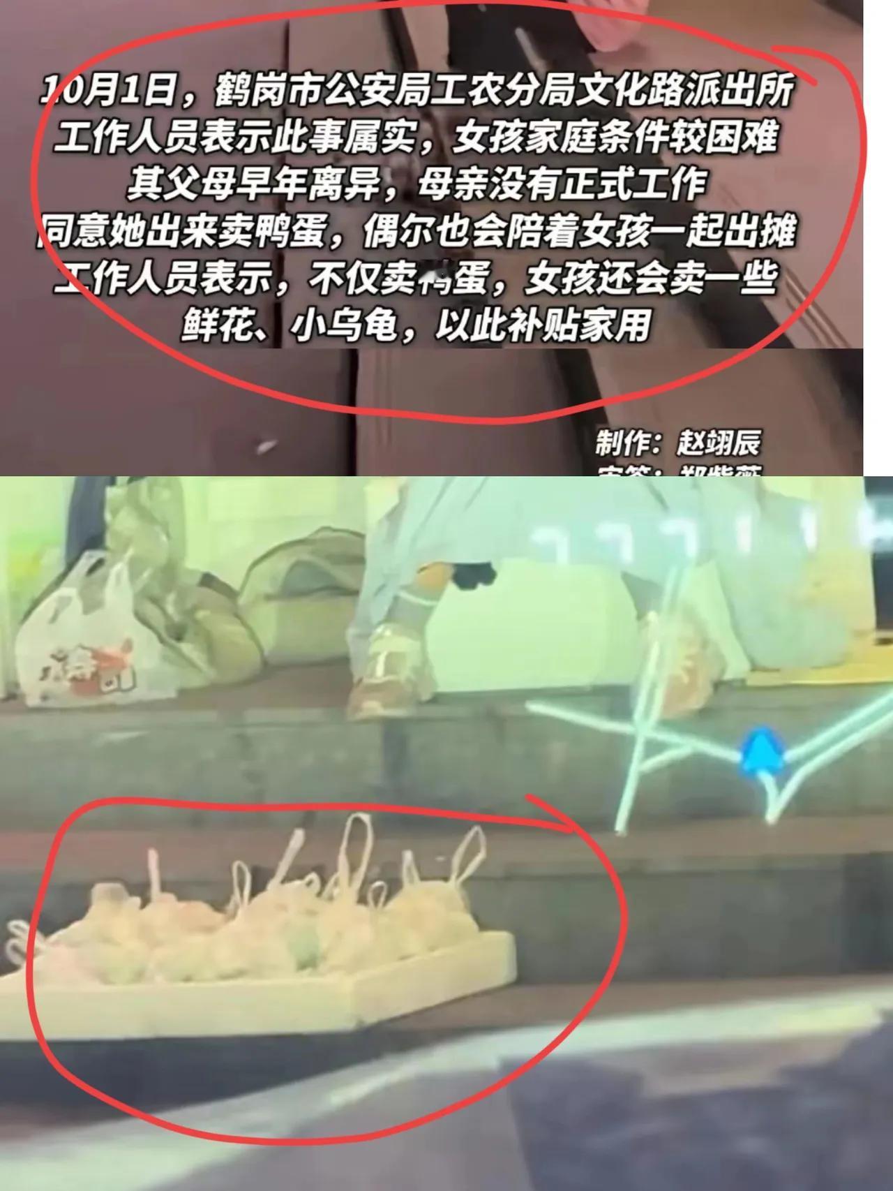 13岁女孩，因父母离异，家庭不幸。
每天放学后，在商铺台阶上卖鸭蛋，四个一袋，十