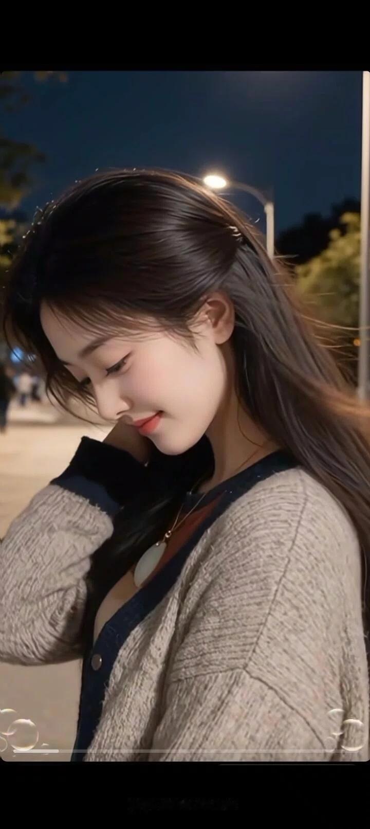 夜晚街头的温柔瞬间，少女心事悄然绽放。