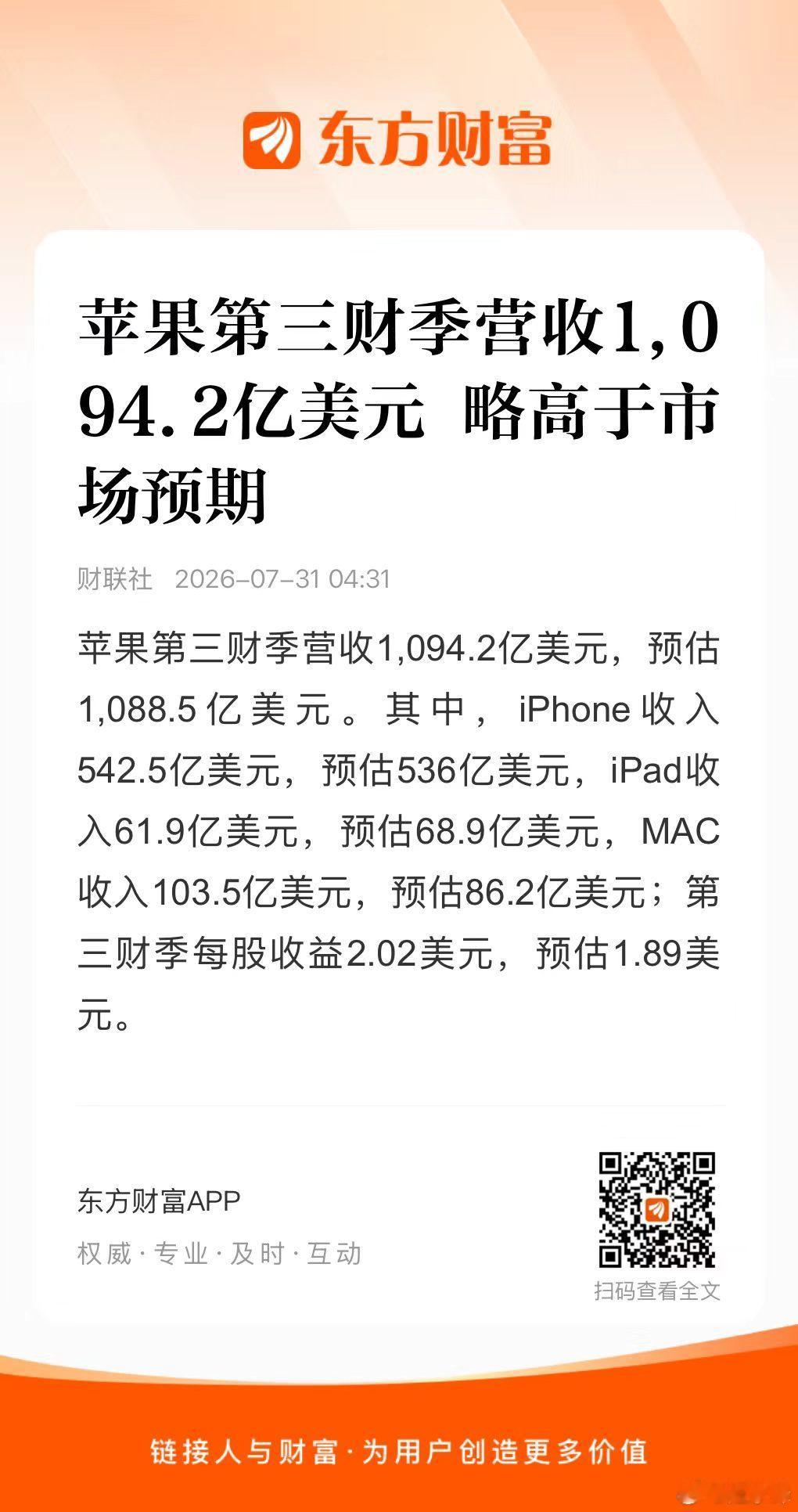 苹果第三财季营收1,094.2亿美元 略高于市场预期 