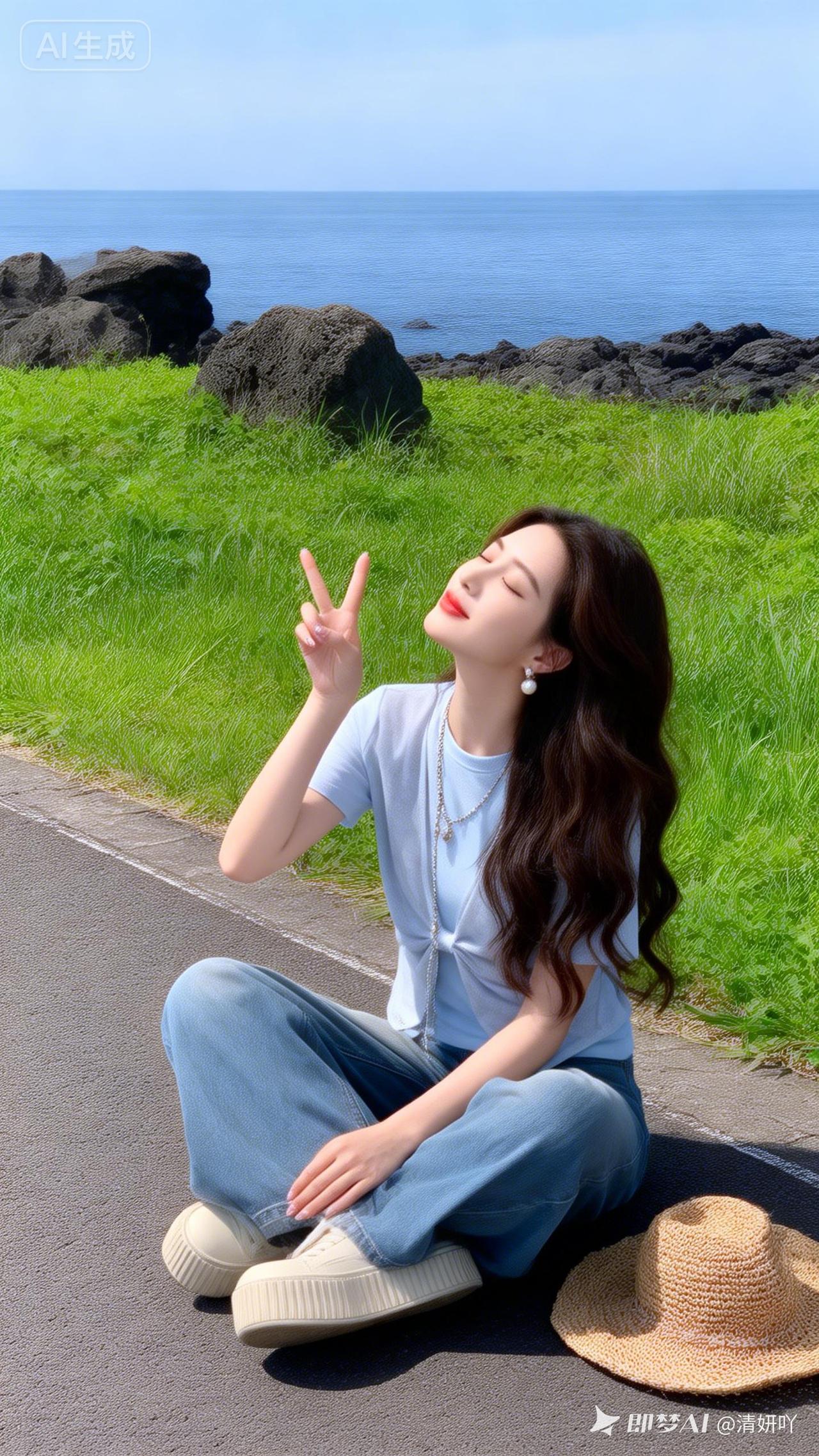 江南女子坐于路面。草编帽置身旁，精致耳环与长项链摇曳。长卷发披肩，两侧碎发轻垂，