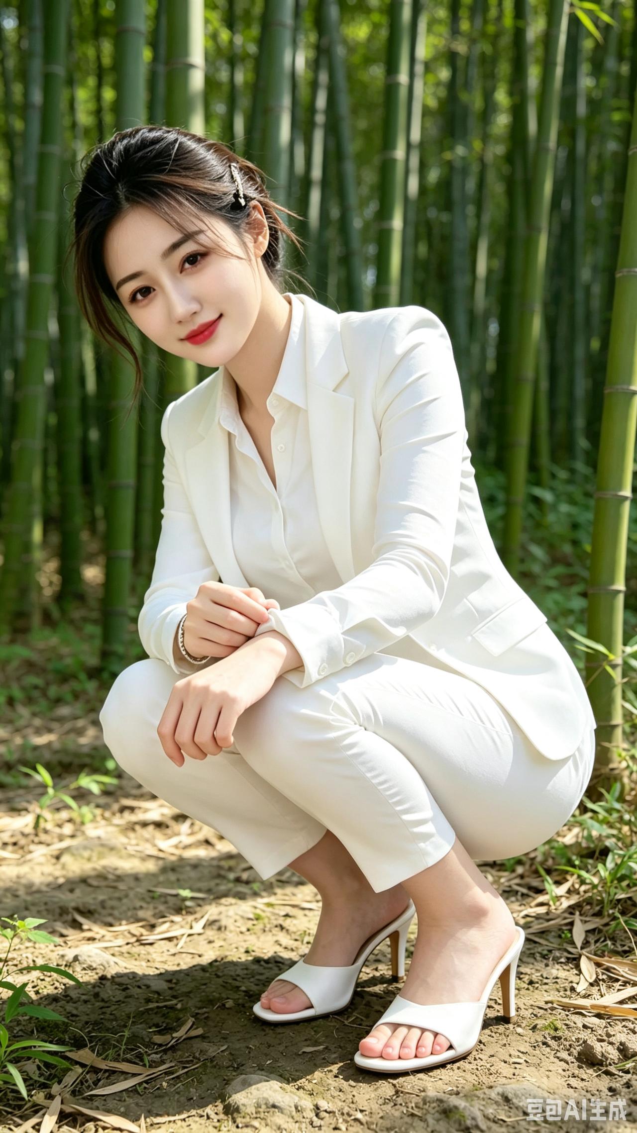 青竹林中，伫立着一位白衣姑娘，眉眼温婉，看着格外清爽宜人。
她脚蹬一双白色高跟拖