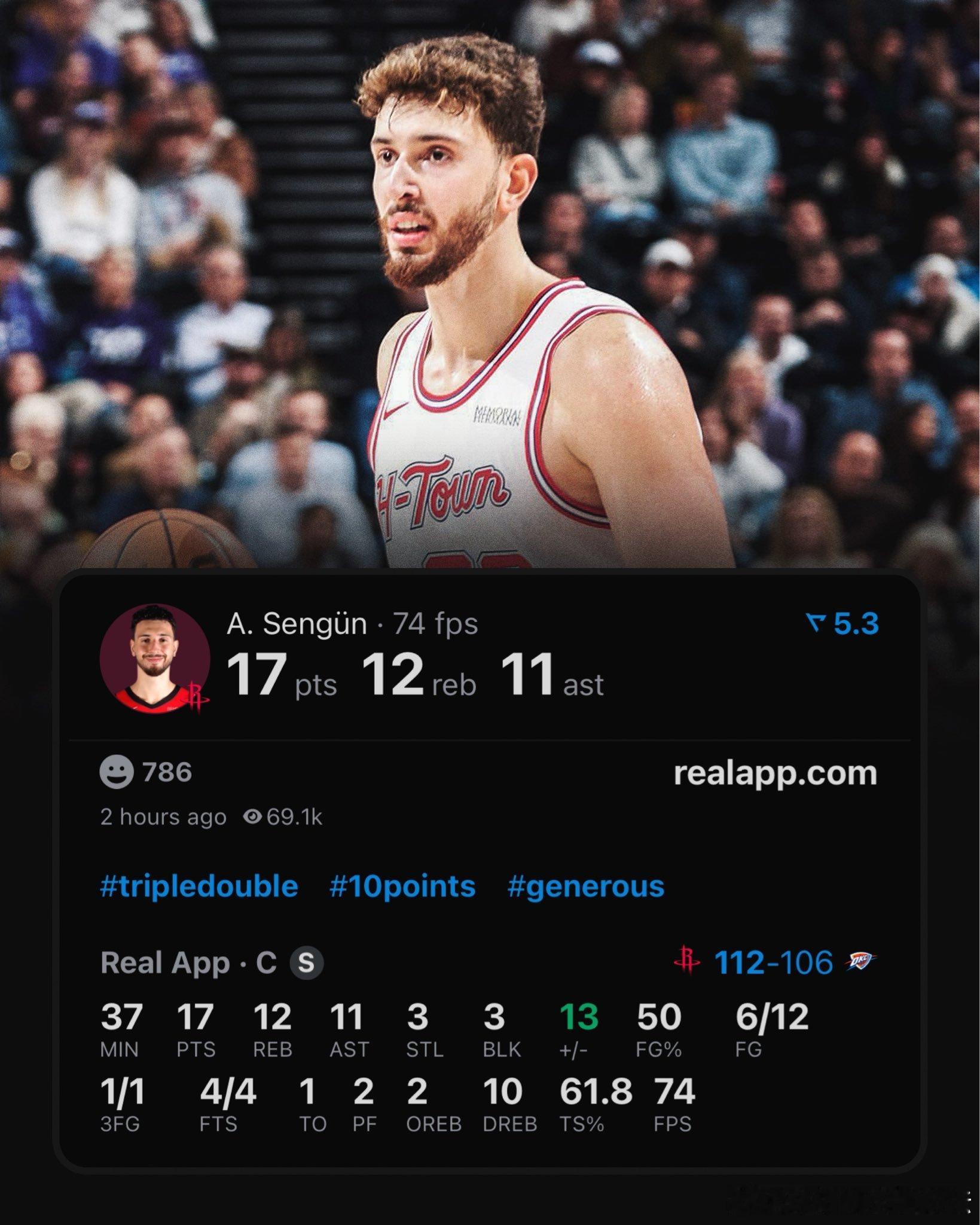 今天的申京：出战37分钟拿到17分12篮板11助攻3抢断3盖帽投篮6/12，罚球