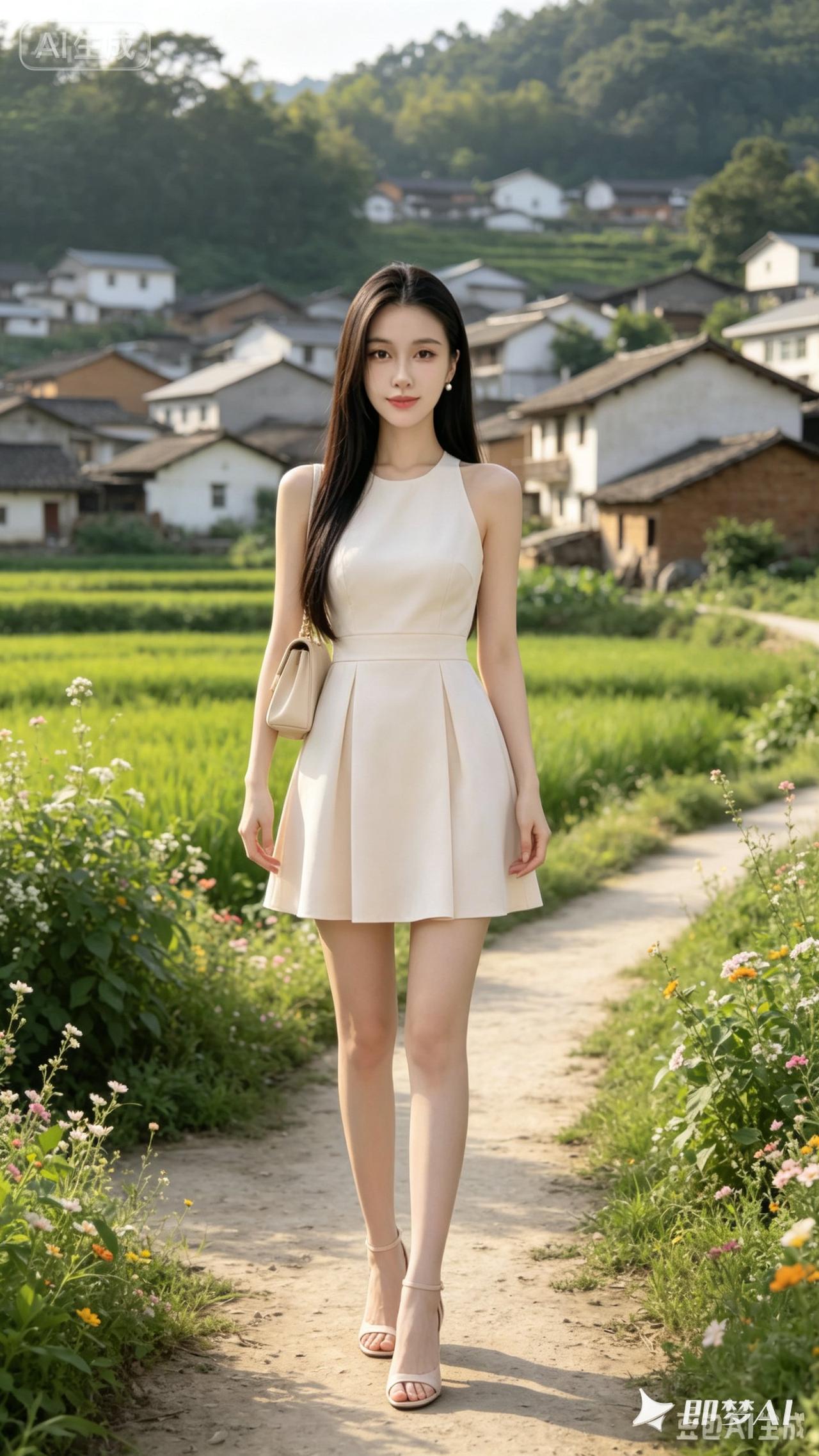 这姑娘在乡间小路上走得好美！