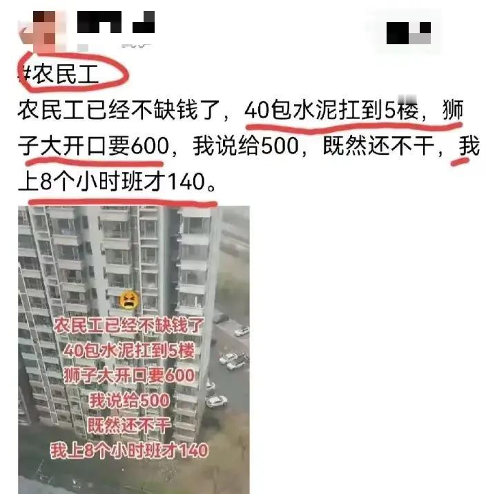 吵翻了！小仙女吐槽说：“现在的农民工已经不缺钱了！40包水泥扛到5楼，竟然狮子大