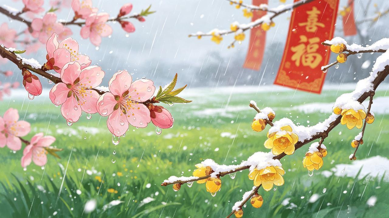 上联：雨润桃花香碧野
下联：雪染腊梅迎新春