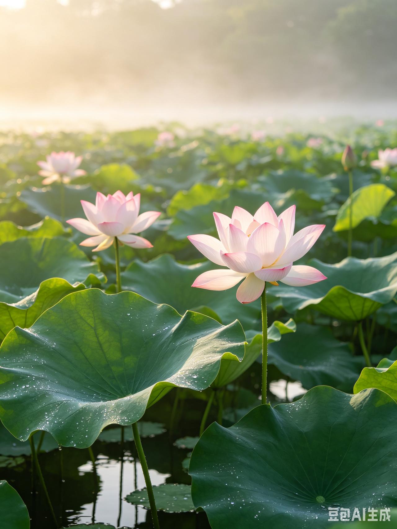 仲夏时节，碧水浮青荷，粉瓣亭亭立于清波之上。微风掠过，荷叶轻摇，细碎花香漫开，抛