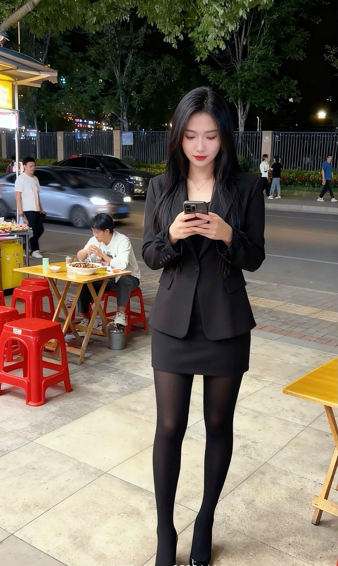 都市夜晚的时尚女郎，沉浸在手机世界中。