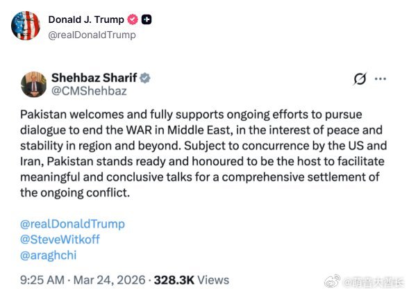 美国总统特朗普转发了巴基斯坦总理夏巴兹的邀请，提议美国和伊朗在巴基斯坦举行会谈。
