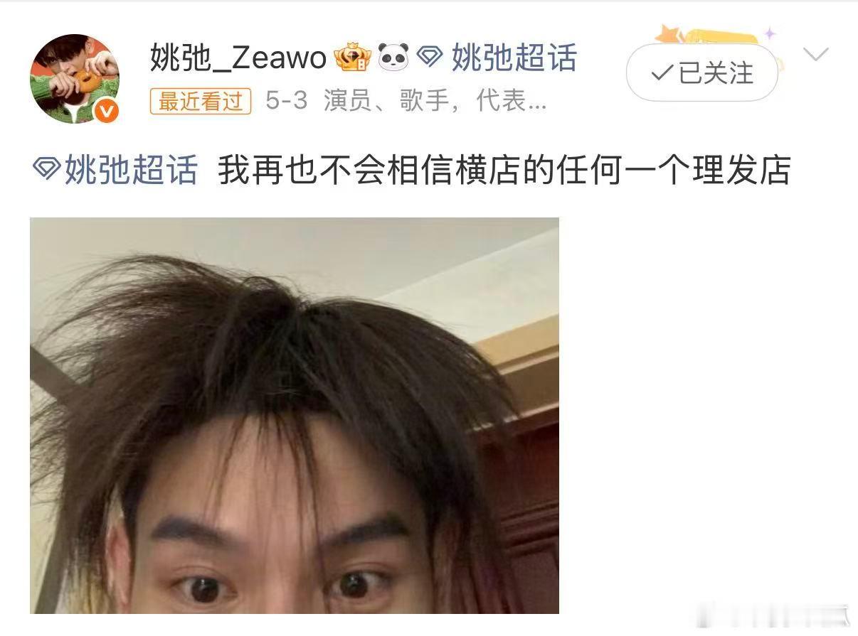 姚弛 没有人能笑着走出理发店 姚弛直言被横店托尼老师坑惨，新发型直接变成炸毛状态