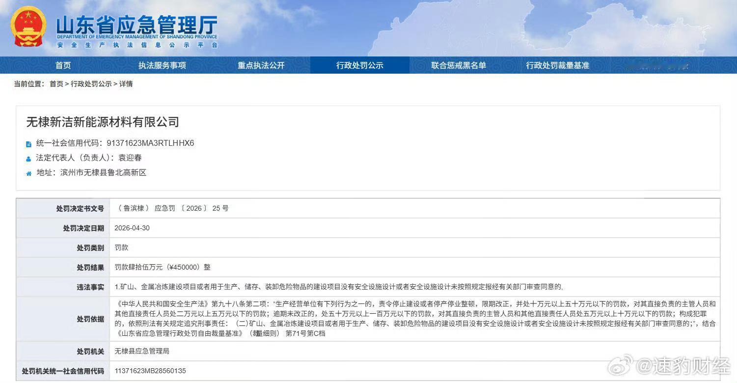 滨州无棣新洁新能源材料有限公司因安全设施设计违规被处45万元罚款近日，山东省应急