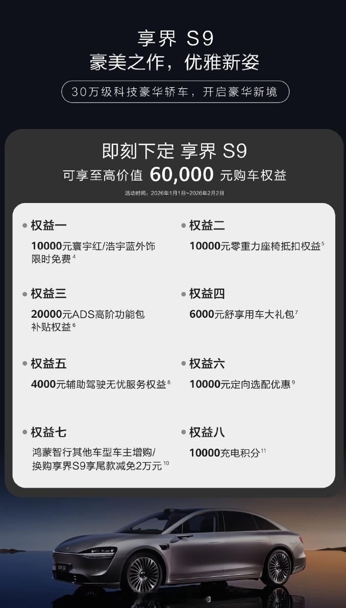 鸿蒙智行——智界和享界的1月新车销售政策来了1月16日至2月2日，购买智界全系车