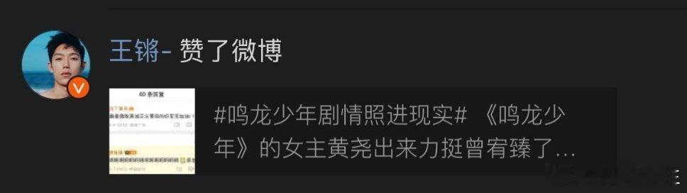 王锵也开始点赞了，至此，包括王锵、黄尧、曾宥臻、曾澄等《鸣龙少年》的前同事们都集