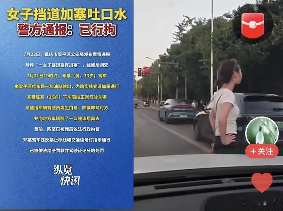 这个女人太嚣张，叉腰站在道路中央，阻挡正常行驶车辆还辱骂他人，拍照朝他人身上啐唾