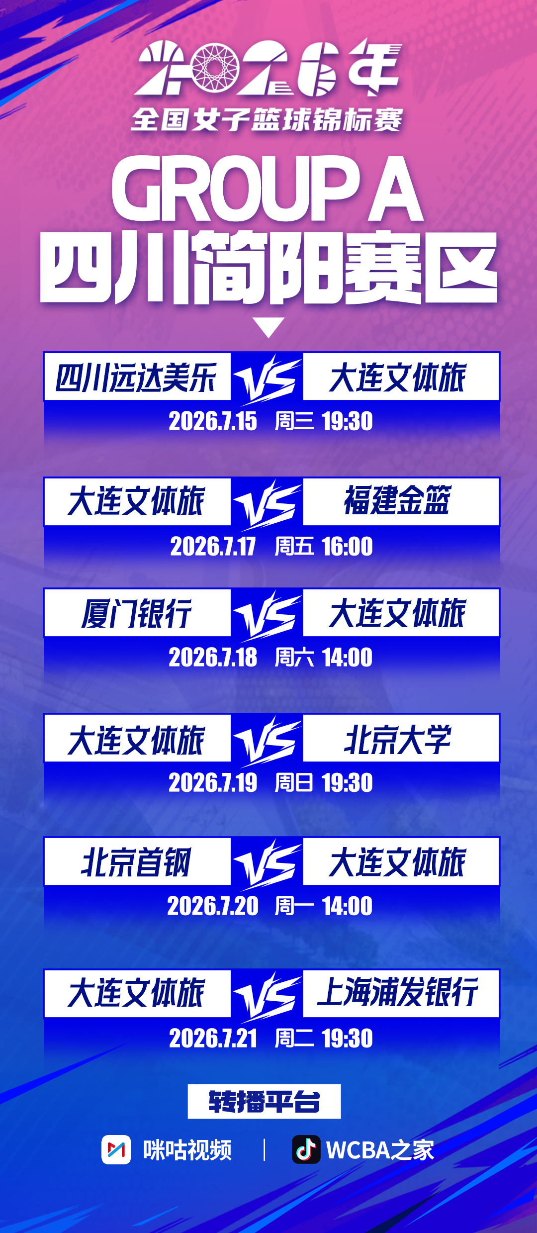 2026 年全国女子篮球锦标赛第一阶段赛事于近日开赛，大连文体旅落位四川简阳赛区