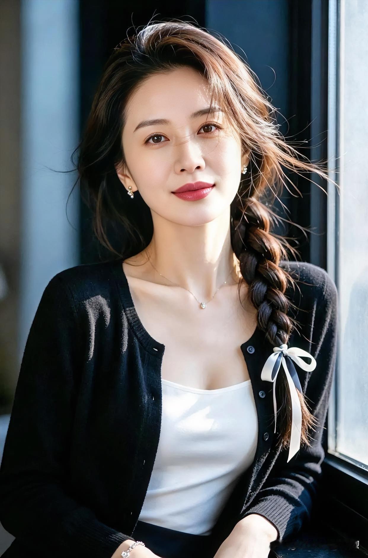 现代散文诗

墨发编成麻花辫，丝带轻系温柔。窗前光影流转，黑衫白衫映衬着静谧，眸