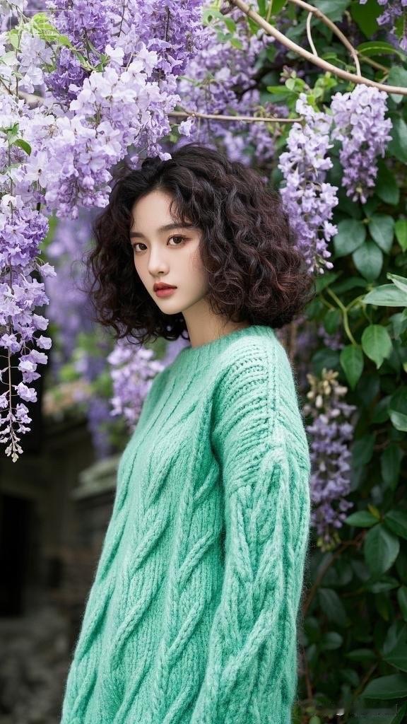 阳光下的绿衣少女，与紫藤花相映成趣，浪漫气息扑面而来！🌸💚