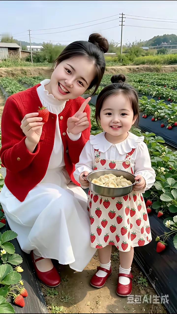 母女草莓采摘时光，甜蜜满满！🍓💕