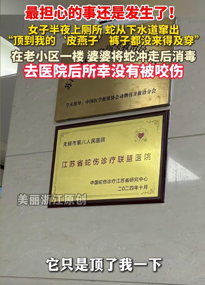 江苏无锡，女子半夜去上厕所，刚坐下来，就觉得马桶里面好像有东西，突然自己被顶了一