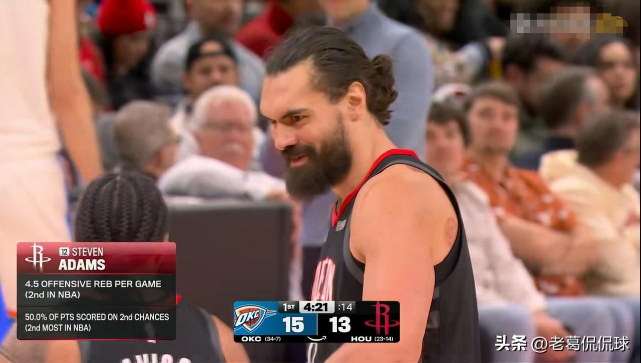 火箭中锋亚当斯真是让人赞不绝口！在今天进行的火箭和雷霆的焦点战中，目前双方的上半