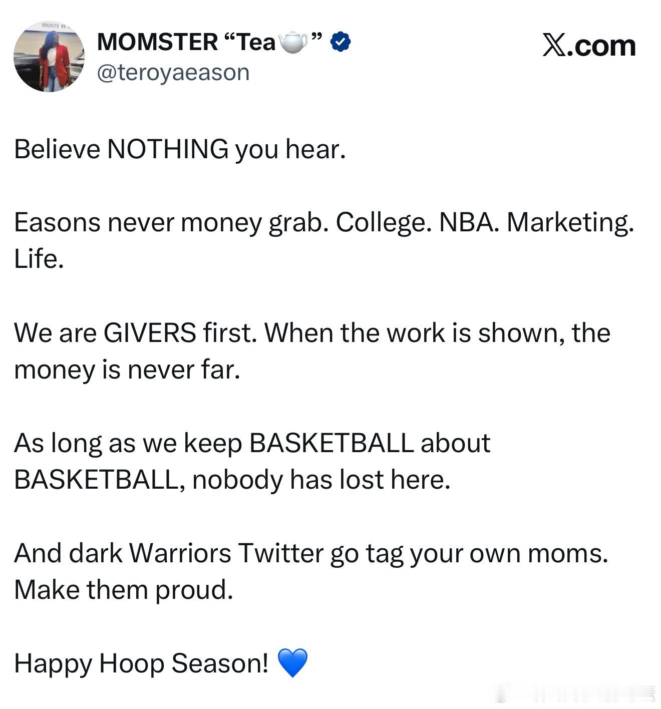 伊森的妈妈：“别轻信任何流言蜚语，无论大学联赛、NBA、商业市场还是人生舞台，我