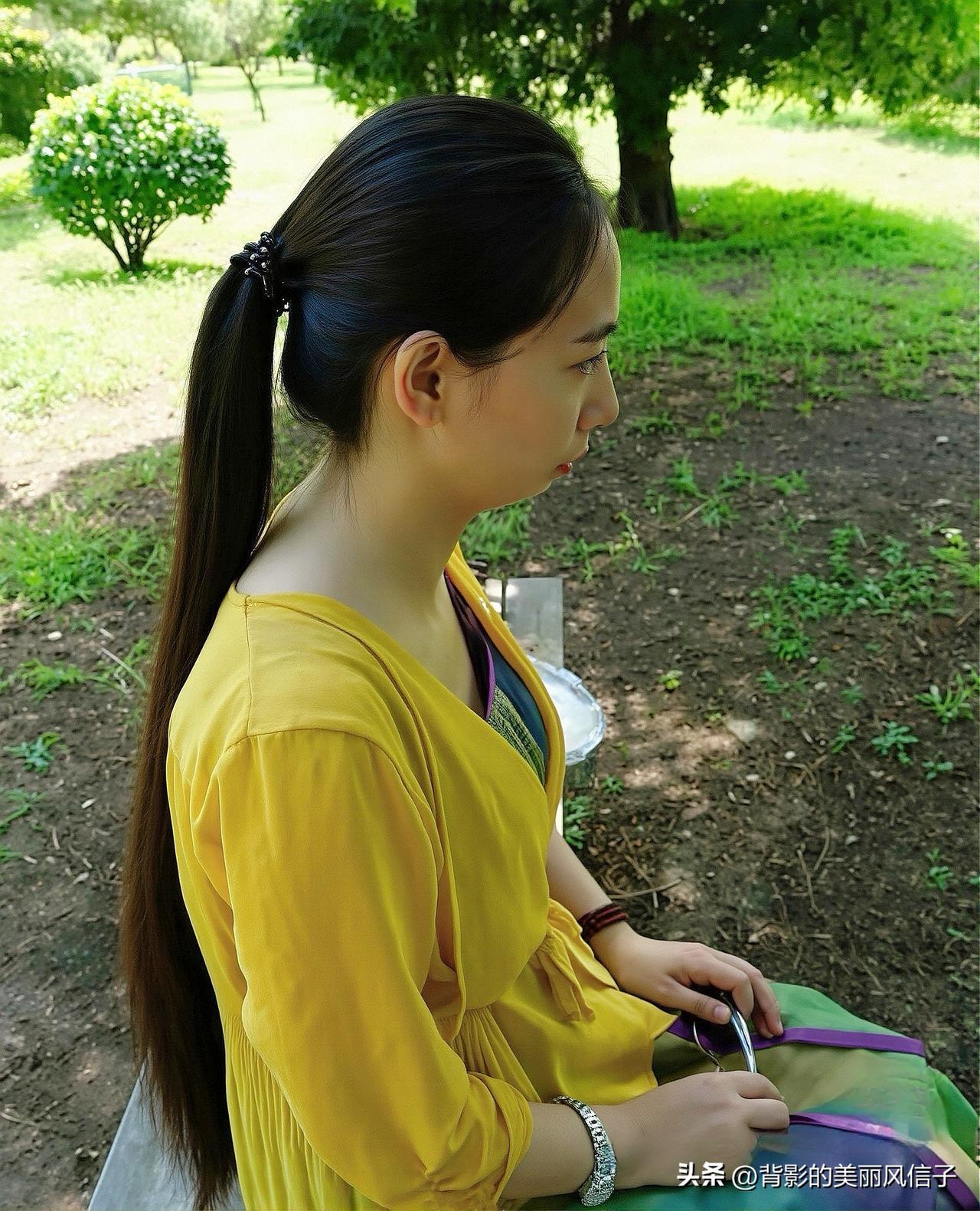 阳光下的午后，静谧的公园里，她静静地坐着，享受着片刻的宁静。